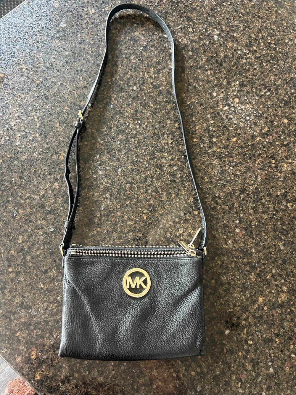 Michael Kors Black Leather Crossbody with Gold MK Emblem